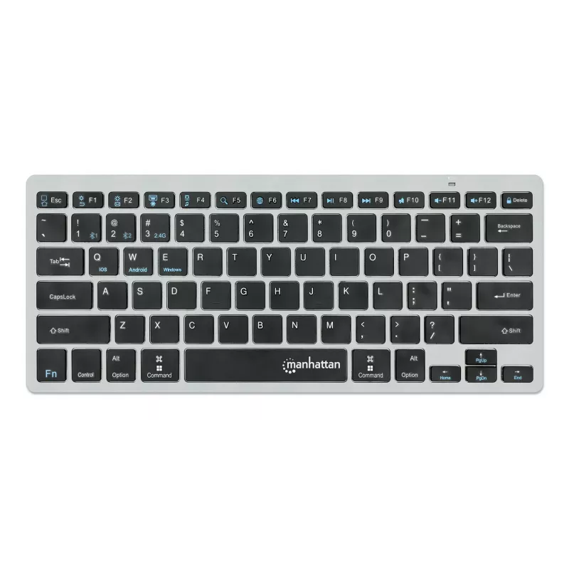 Teclado inalámbrico dual mode ultrafino Manhattan, distribución QWERTZ alemana, Bluetooth (v3.0) e inalámbrico (2,4 GHz), 78 teclas planas de tijera, gestión automática de energía, alcance 10 m, microreceptor USB-A, pila AAA (incluida), Windows y Mac, tres años de garantía
