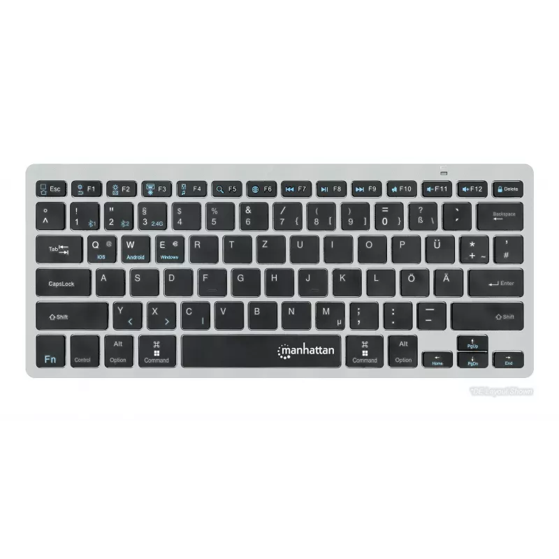 Teclado inalámbrico dual mode ultrafino Manhattan, distribución QWERTZ alemana, Bluetooth (v3.0) e inalámbrico (2,4 GHz), 78 teclas planas de tijera, gestión automática de energía, alcance 10 m, microreceptor USB-A, pila AAA (incluida), Windows y Mac, tres años de garantía