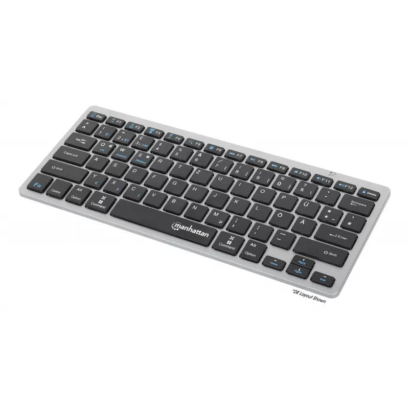 Teclado inalámbrico dual mode ultrafino Manhattan, distribución QWERTZ alemana, Bluetooth (v3.0) e inalámbrico (2,4 GHz), 78 teclas planas de tijera, gestión automática de energía, alcance 10 m, microreceptor USB-A, pila AAA (incluida), Windows y Mac, tres años de garantía