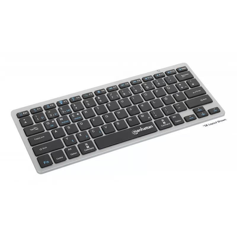 Teclado inalámbrico dual mode ultrafino Manhattan, distribución QWERTZ alemana, Bluetooth (v3.0) e inalámbrico (2,4 GHz), 78 teclas planas de tijera, gestión automática de energía, alcance 10 m, microreceptor USB-A, pila AAA (incluida), Windows y Mac, tres años de garantía