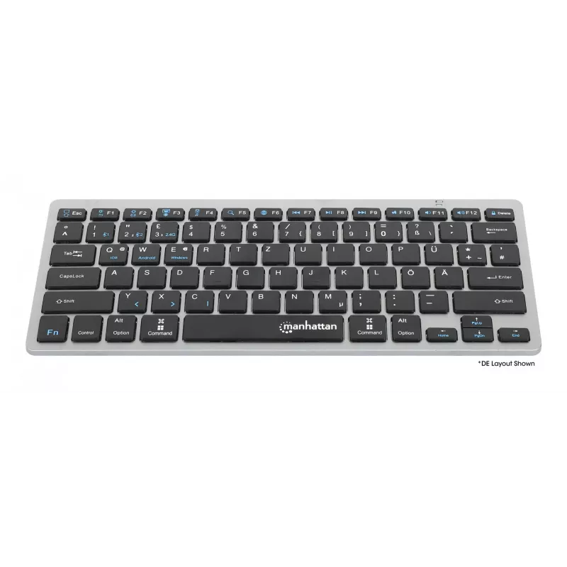 Teclado inalámbrico dual mode ultrafino Manhattan, distribución QWERTZ alemana, Bluetooth (v3.0) e inalámbrico (2,4 GHz), 78 teclas planas de tijera, gestión automática de energía, alcance 10 m, microreceptor USB-A, pila AAA (incluida), Windows y Mac, tres años de garantía