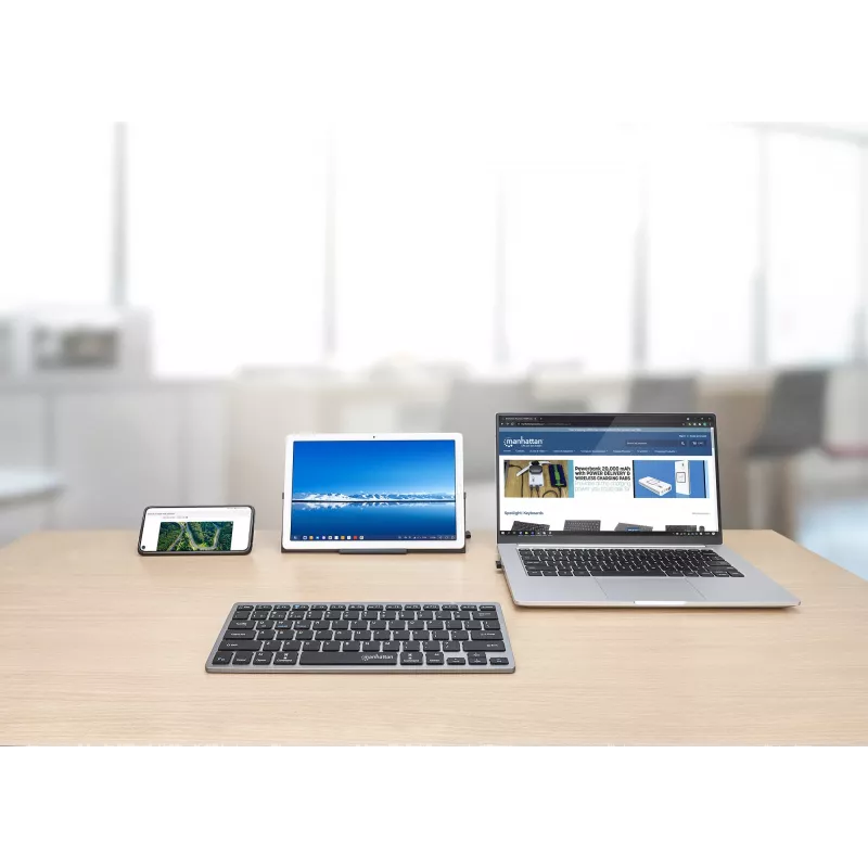 Teclado inalámbrico dual mode ultrafino Manhattan, distribución QWERTZ alemana, Bluetooth (v3.0) e inalámbrico (2,4 GHz), 78 teclas planas de tijera, gestión automática de energía, alcance 10 m, microreceptor USB-A, pila AAA (incluida), Windows y Mac, tres años de garantía