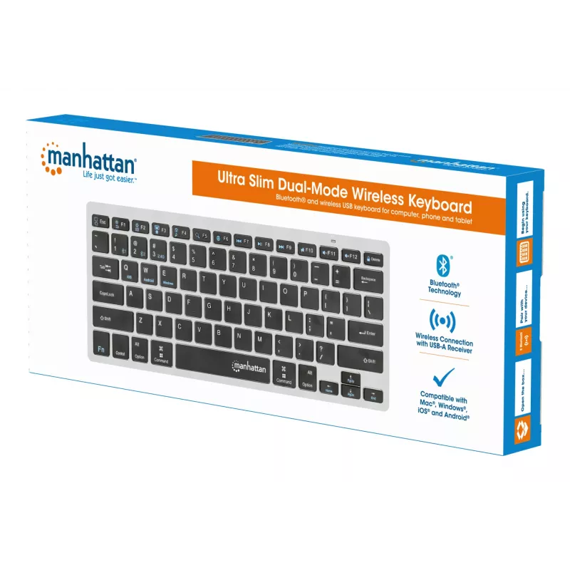 Teclado inalámbrico dual mode ultrafino Manhattan, distribución QWERTZ alemana, Bluetooth (v3.0) e inalámbrico (2,4 GHz), 78 teclas planas de tijera, gestión automática de energía, alcance 10 m, microreceptor USB-A, pila AAA (incluida), Windows y Mac, tres años de garantía