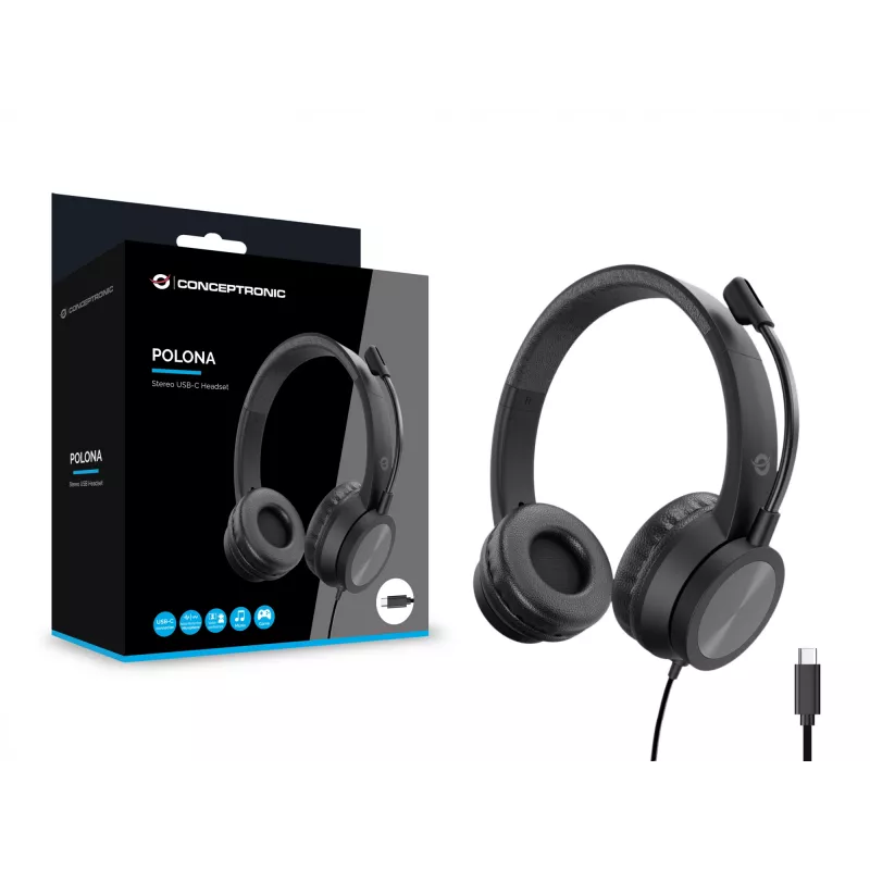 Auriculares CONCEPTRONIC POLONA05BC — Estéreo USB-C, Micrófono con cancelación de ruido, Supraaurales, Cable de 2 m, 20–22000 Hz, Negro
