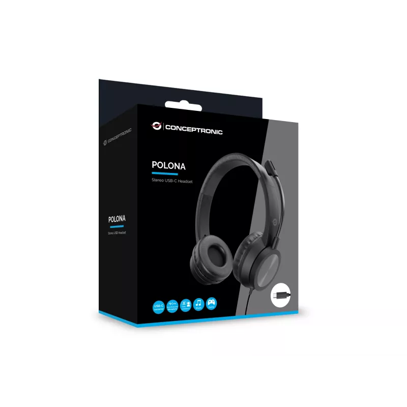 Auriculares CONCEPTRONIC POLONA05BC — Estéreo USB-C, Micrófono con cancelación de ruido, Supraaurales, Cable de 2 m, 20–22000 Hz, Negro