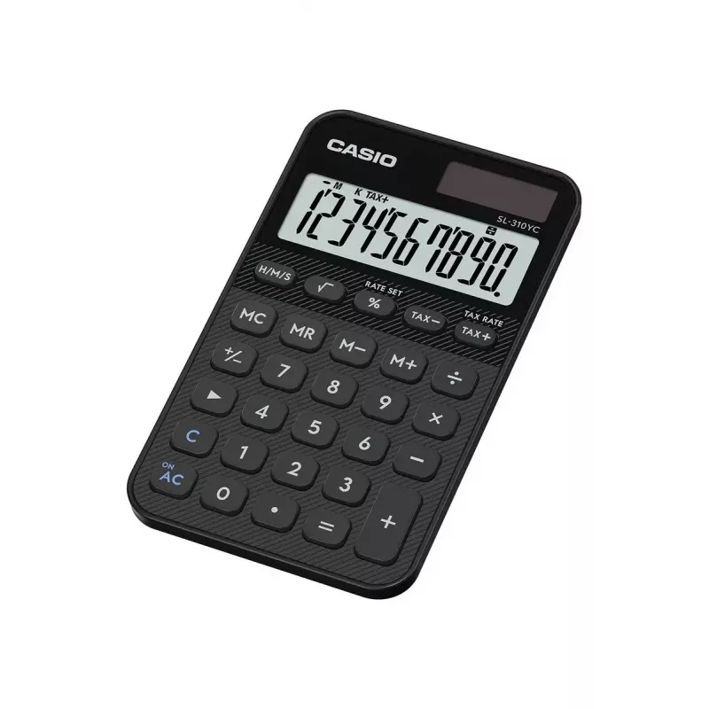 Calculadora de bolsillo CASIO SL-310YC, básica, 10 dígitos, batería y solar, funciones de impuestos y beneficios, negra