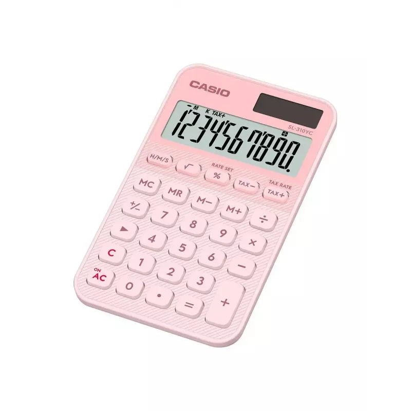 Calculadora básica de bolsillo CASIO SL-310YC — 10 dígitos, batería/solar, funciones de impuestos y beneficios, rosa claro