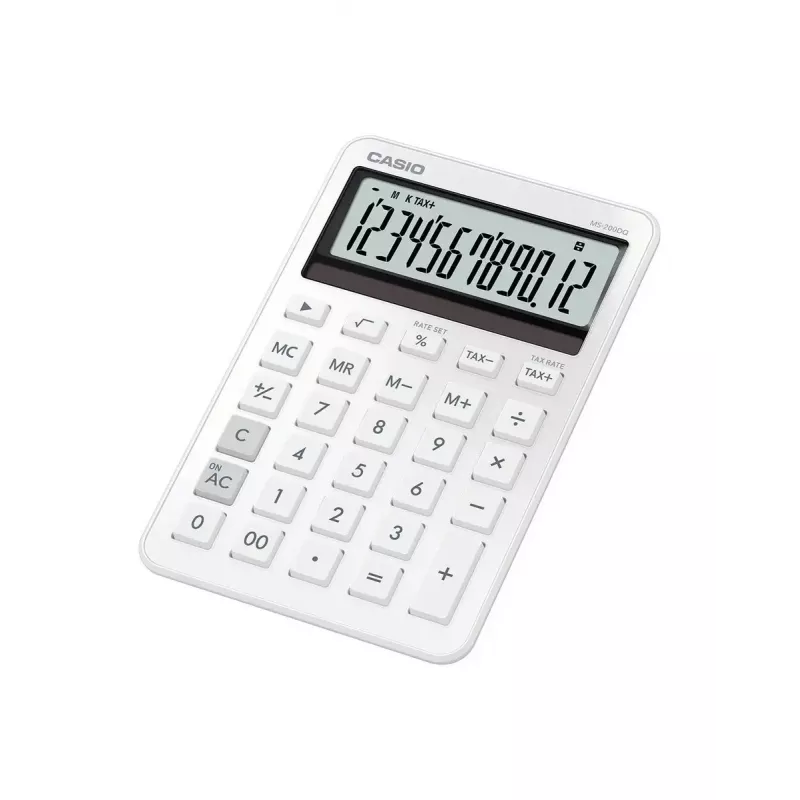 Calculadora de sobremesa básica CASIO MS-200DQ 12 dígitos, batería/solar, funciones de impuestos y beneficios, blanca