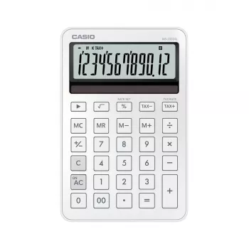 Calculadora de sobremesa básica CASIO MS-200DQ 12 dígitos, batería/solar, funciones de impuestos y beneficios, blanca