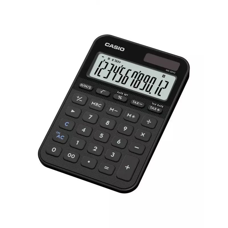 Calculadora de sobremesa CASIO MS-20YC — modelo básico, batería/solar, cálculo de impuestos y beneficios, negra