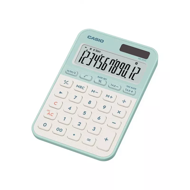 Calculadora de sobremesa CASIO MS-20YC — Basic 12 dígitos, batería/solar, funciones de impuestos y beneficios, verde claro