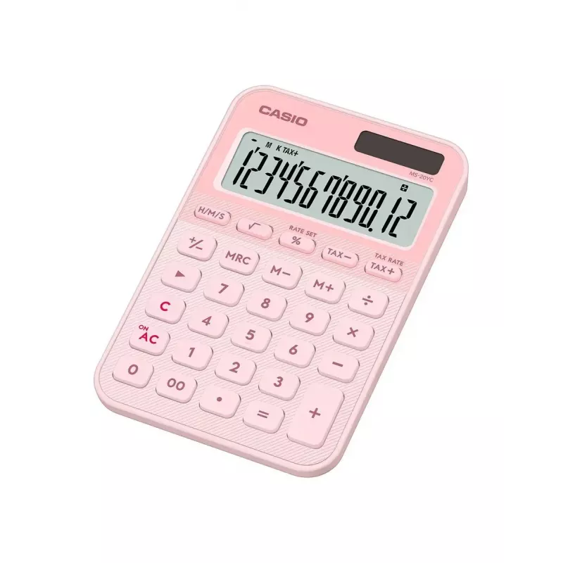 Calculadora de sobremesa básica CASIO MS-20YC — 12 dígitos, funciones de impuestos y beneficios, batería/solar, rosa claro