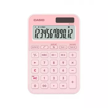 Calculadora de sobremesa básica CASIO MS-20YC — 12 dígitos, funciones de impuestos y beneficios, batería/solar, rosa claro