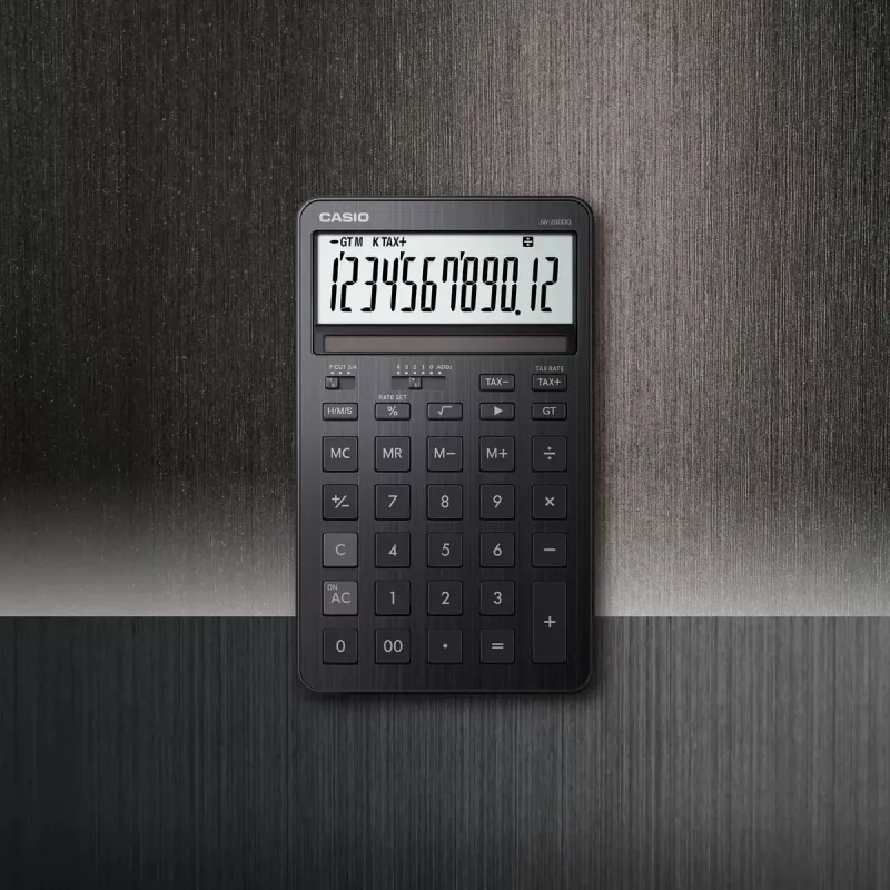 Calculadora de sobremesa CASIO JW-200DQ – Basic, 12 dígitos, funciones de impuestos y beneficios, batería/solar, negra