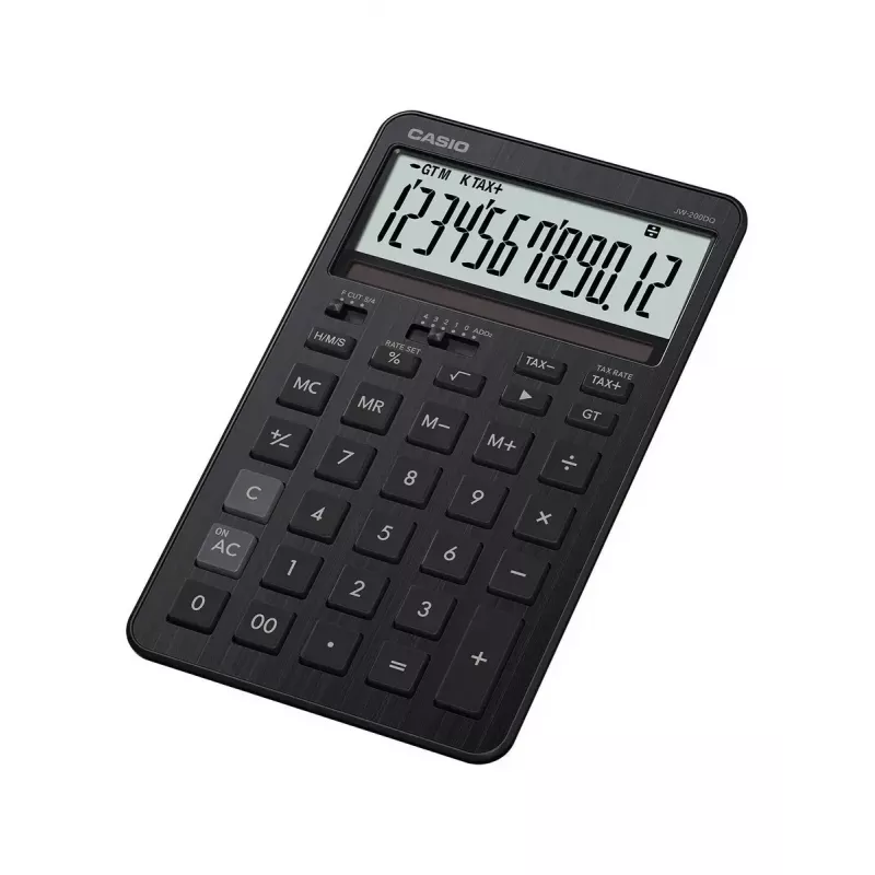Calculadora de sobremesa CASIO JW-200DQ – Basic, 12 dígitos, funciones de impuestos y beneficios, batería/solar, negra