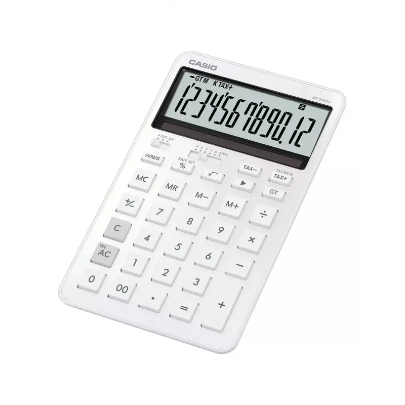 Calculadora de sobremesa CASIO JW-200DQ calculadora básica de 12 dígitos, batería/solar, funciones de impuestos y beneficios, blanca