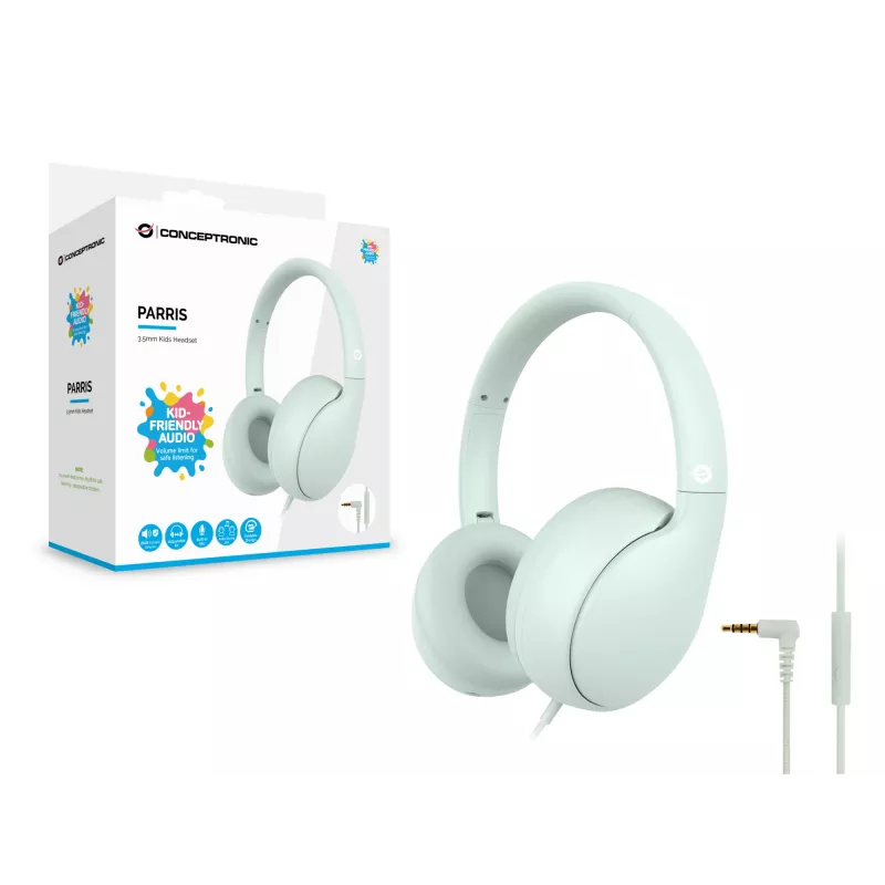Auriculares infantiles con cable CONCEPTRONIC PARRIS04GT — 3,5 mm, circumaurales, 20–20000 Hz, cable de 1,6 m, verde claro