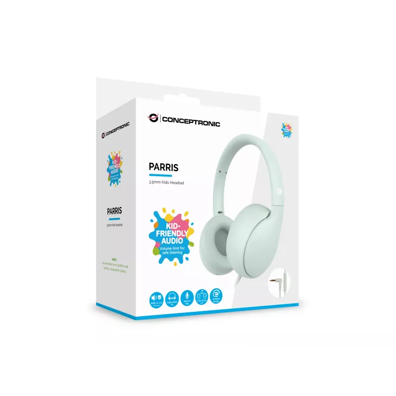 Auriculares infantiles con cable CONCEPTRONIC PARRIS04GT — 3,5 mm, circumaurales, 20–20000 Hz, cable de 1,6 m, verde claro