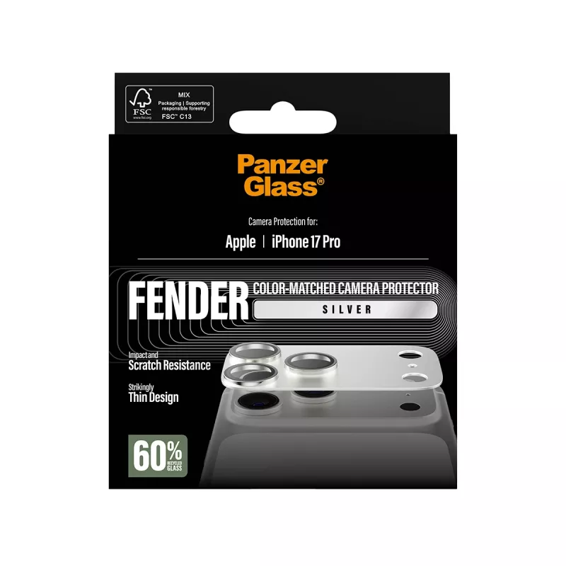 Protector de cámara PanzerGlass Fender para iPhone 17 Pro – plateado, silicona, resistente a arañazos y golpes