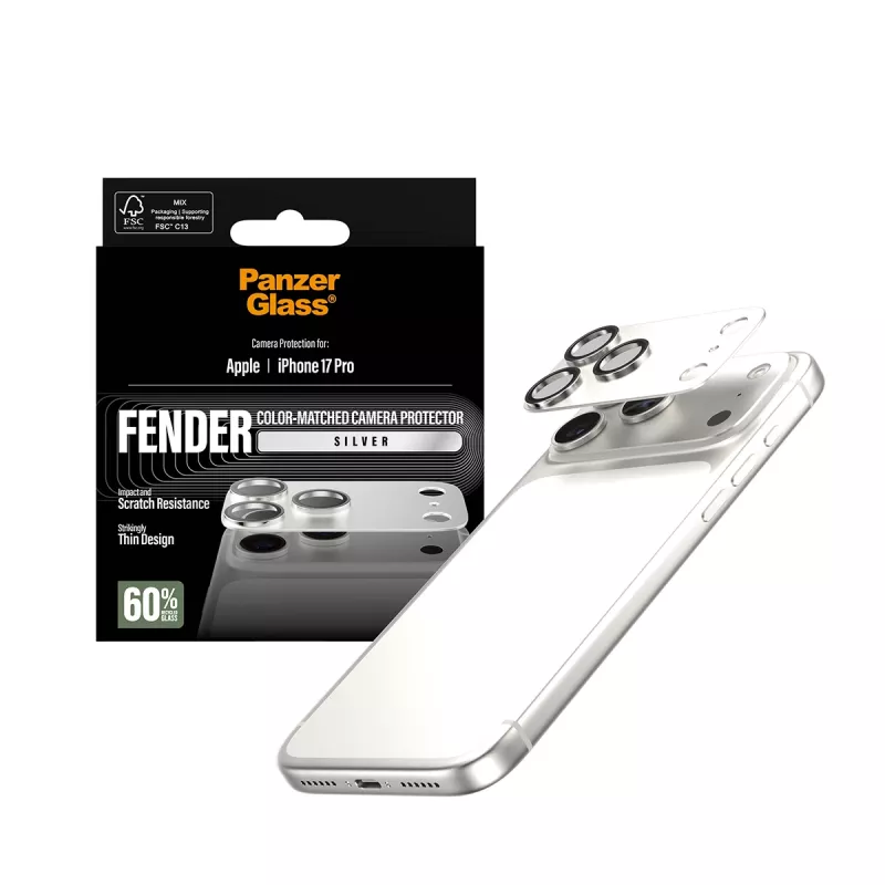 Protector de cámara PanzerGlass Fender para iPhone 17 Pro – plateado, silicona, resistente a arañazos y golpes