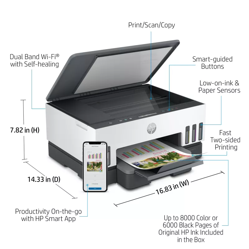 Impresora HP Smart Tank, inyección térmica de tinta, impresión en color, 4800 x 1200 DPI, A4, impresión directa, gris