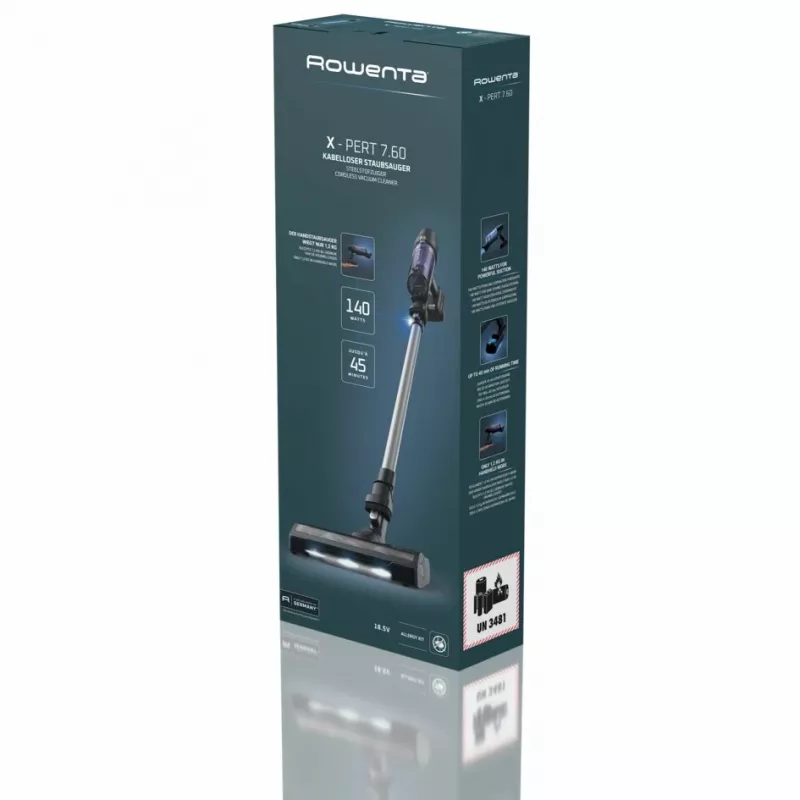 Aspirador escoba 2 en 1 Rowenta RH6A35 — inalámbrico, litio-ion, 140 W, sin bolsa, tecnología ciclónica, lila/plata, cepillo LED