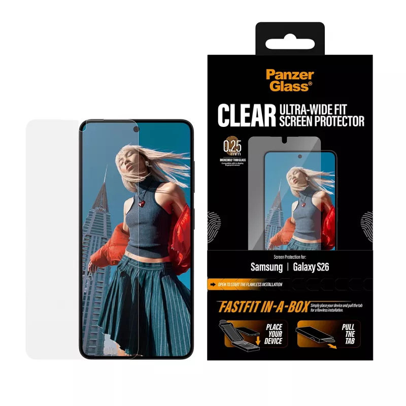 Protector de pantalla PanzerGlass para Samsung New Galaxy S 2026 — Ultra-Wide Fit, PET+sílice, FASTFIT