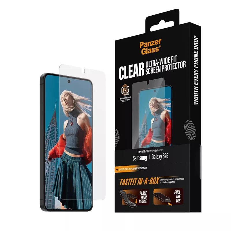 Protector de pantalla PanzerGlass para Samsung New Galaxy S 2026 — Ultra-Wide Fit, PET+sílice, FASTFIT