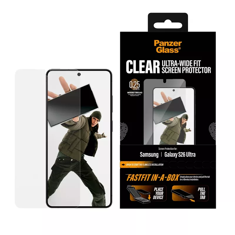 Protector de pantalla PanzerGlass para Samsung New Galaxy S2026 Ultra — lámina PET ultra ancha, FASTFIT, transparente