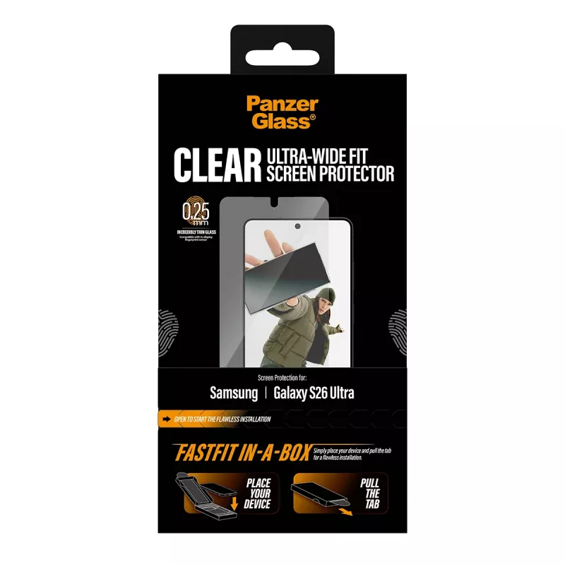 Protector de pantalla PanzerGlass para Samsung New Galaxy S2026 Ultra — lámina PET ultra ancha, FASTFIT, transparente