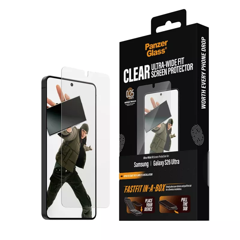 Protector de pantalla PanzerGlass para Samsung New Galaxy S2026 Ultra — lámina PET ultra ancha, FASTFIT, transparente