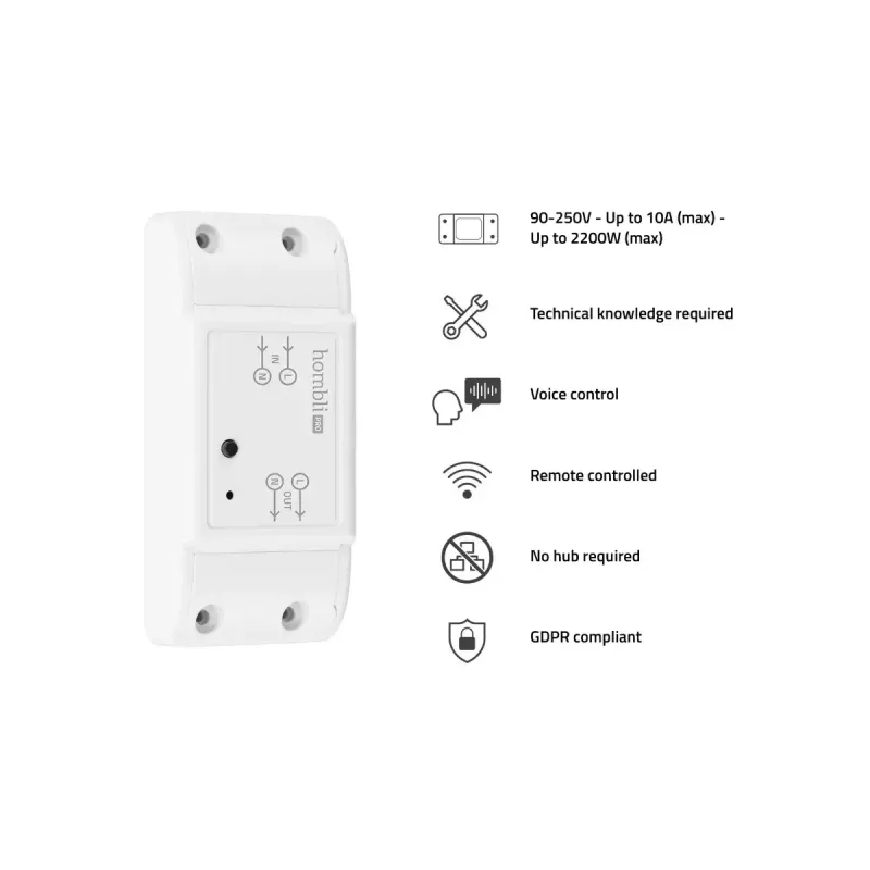 Interruptor inteligente Avanca International BV Hombli Smart Switch 2P inalámbrico 230V (90–250V, 50–60Hz), 39×88×24 mm