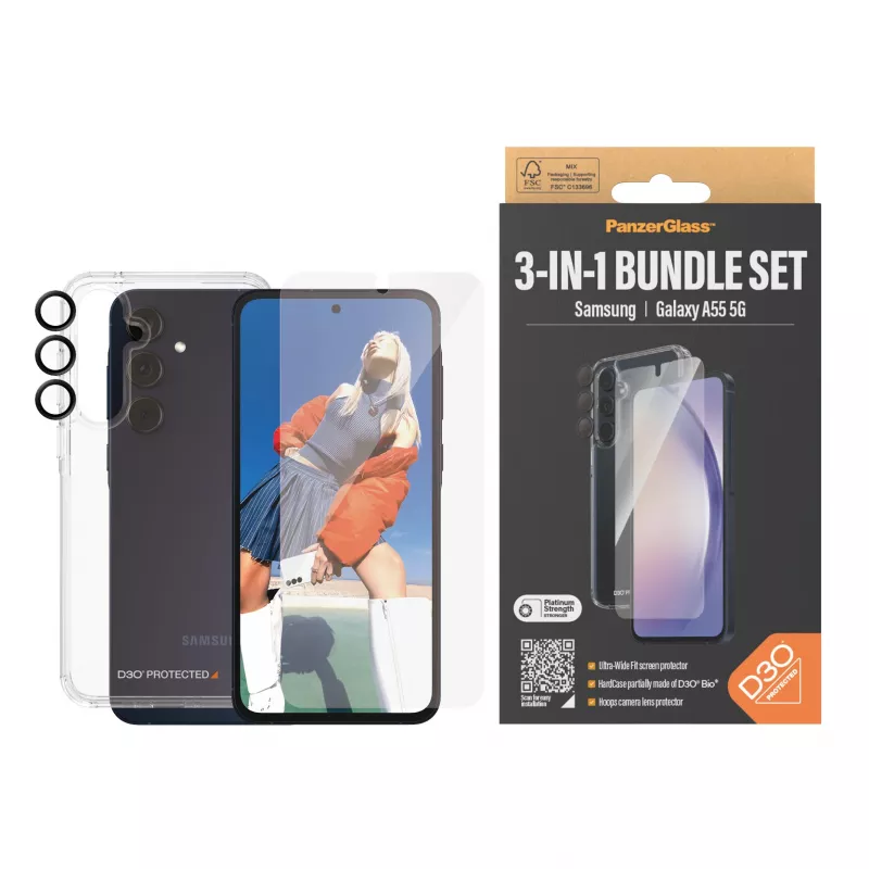 Set de protección de pantalla PanzerGlass 3 en 1 para Samsung Galaxy A55 5G – Ultra-Wide Fit, EasyAligner, cristal templado/PET