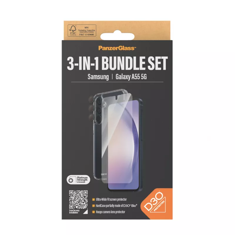 Set de protección de pantalla PanzerGlass 3 en 1 para Samsung Galaxy A55 5G – Ultra-Wide Fit, EasyAligner, cristal templado/PET