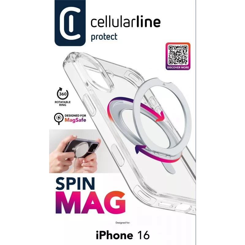 Cellularline Spin Mag - Funda para iPhone 16 con soporte de anillo giratorio, compatible con el ecosistema Magsafe
