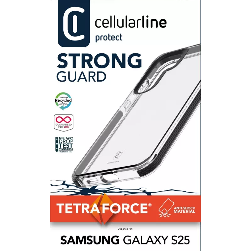 Cellularline Tetra Force Strong Guard - Funda flexible protectora y antichoque para Galaxy S25 Ultra con tecnología antibacteriana Microban® integrada