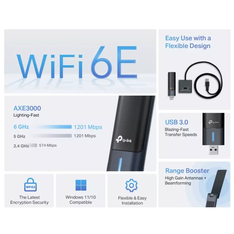 TP-Link Archer AXE3000 adaptador USB inalámbrico Wi-Fi 6E High Gain