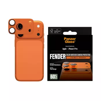 Protección de cámara PanzerGlass Fender para iPhone 17 Pro — silicona, Cosmic Orange, resistente a arañazos y golpes