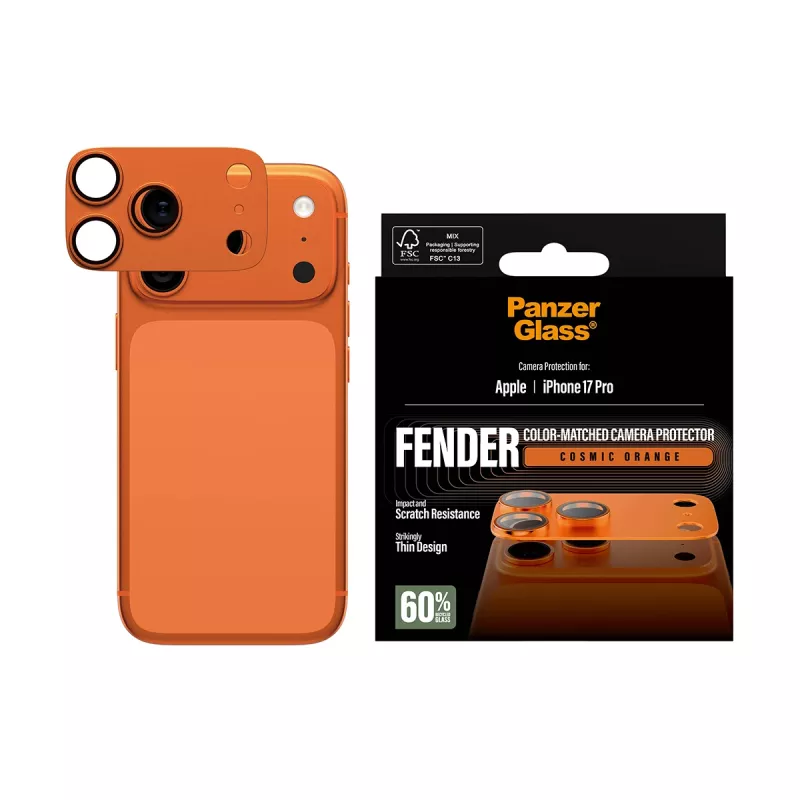 Protección de cámara PanzerGlass Fender para iPhone 17 Pro — silicona, Cosmic Orange, resistente a arañazos y golpes