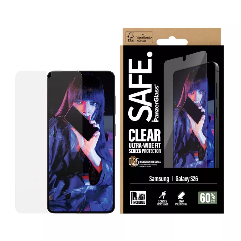 Protector de pantalla PanzerGlass SAFE by para Samsung New Galaxy S 2026 — ajuste ultra ancho, PET+silicona, transparente