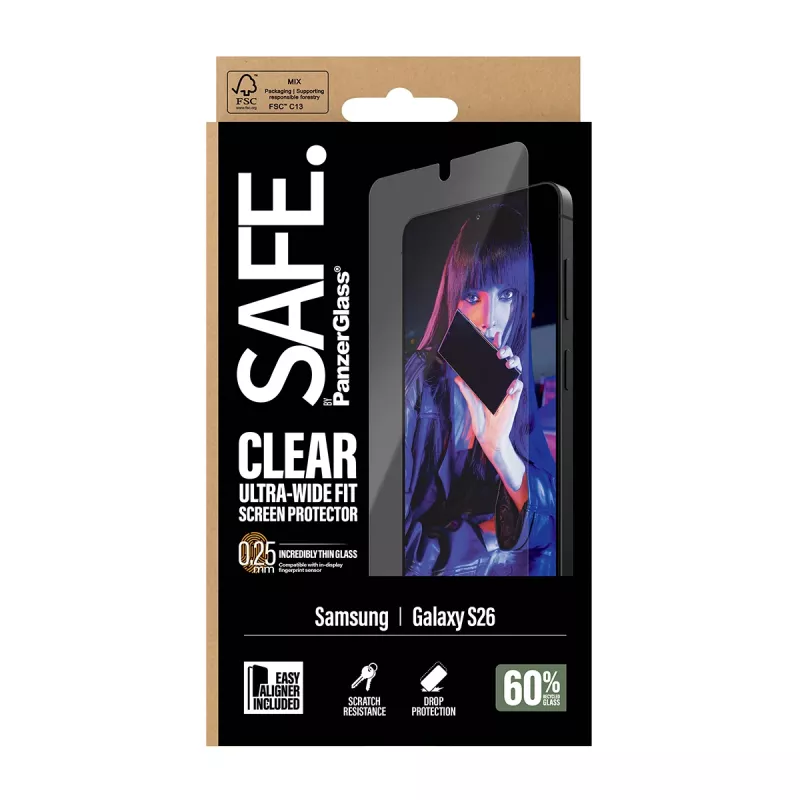 Protector de pantalla PanzerGlass SAFE by para Samsung New Galaxy S 2026 — ajuste ultra ancho, PET+silicona, transparente