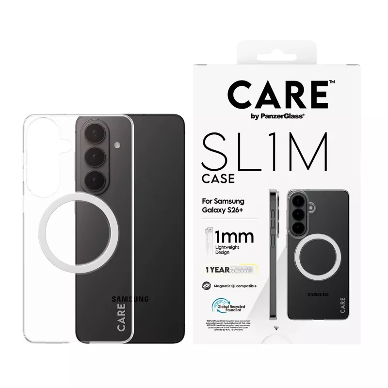 Funda protectora transparente PanzerGlass CARE™ SL1M con Qi para Samsung Galaxy S26+ (6,7