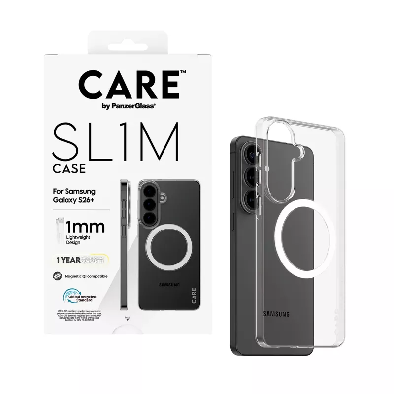 Funda protectora transparente PanzerGlass CARE™ SL1M con Qi para Samsung Galaxy S26+ (6,7