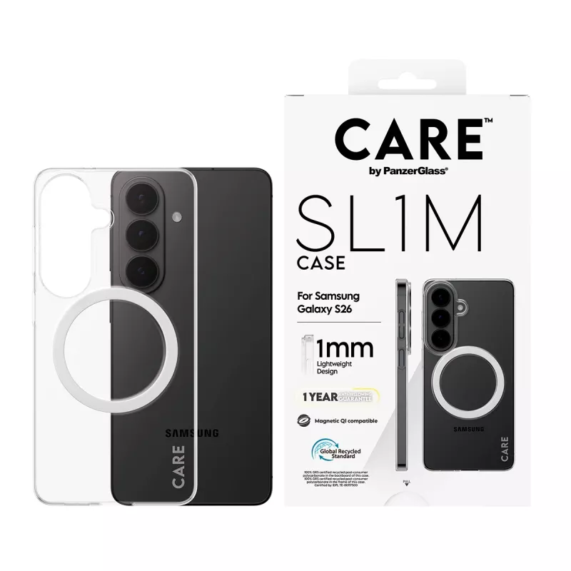 Funda protectora transparente PanzerGlass CARE™ SL1M con Qi para Samsung Galaxy S26, compatible con pantallas de hasta 16 cm (6,3