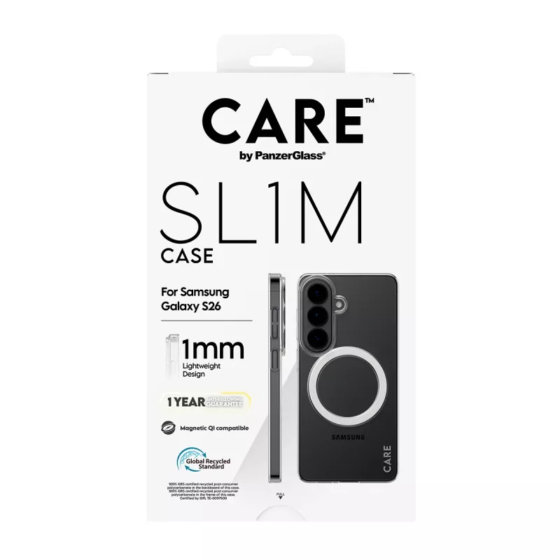 Funda protectora transparente PanzerGlass CARE™ SL1M con Qi para Samsung Galaxy S26, compatible con pantallas de hasta 16 cm (6,3