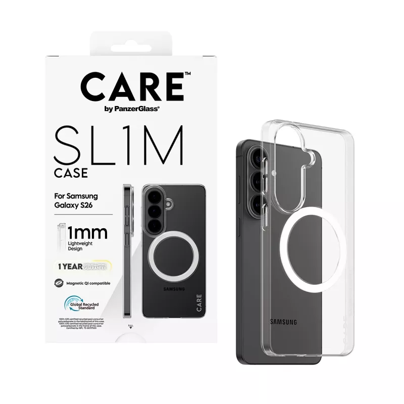Funda protectora transparente PanzerGlass CARE™ SL1M con Qi para Samsung Galaxy S26, compatible con pantallas de hasta 16 cm (6,3