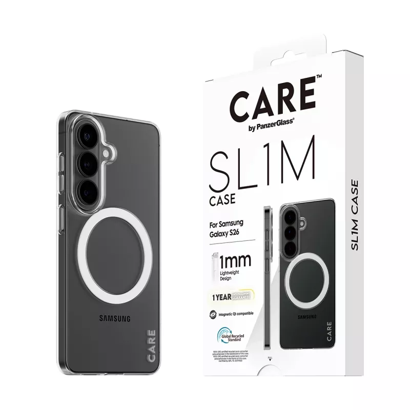 Funda protectora transparente PanzerGlass CARE™ SL1M con Qi para Samsung Galaxy S26, compatible con pantallas de hasta 16 cm (6,3