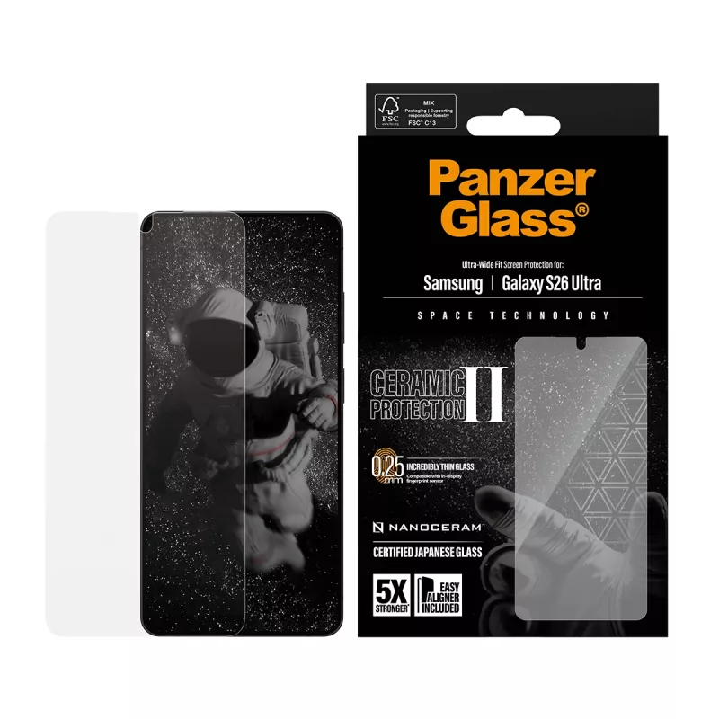 Protector de pantalla PanzerGlass Ceramic para Samsung Galaxy S26 Ultra — vidrio templado, Ultra-Wide Fit, EasyAligner, transparente