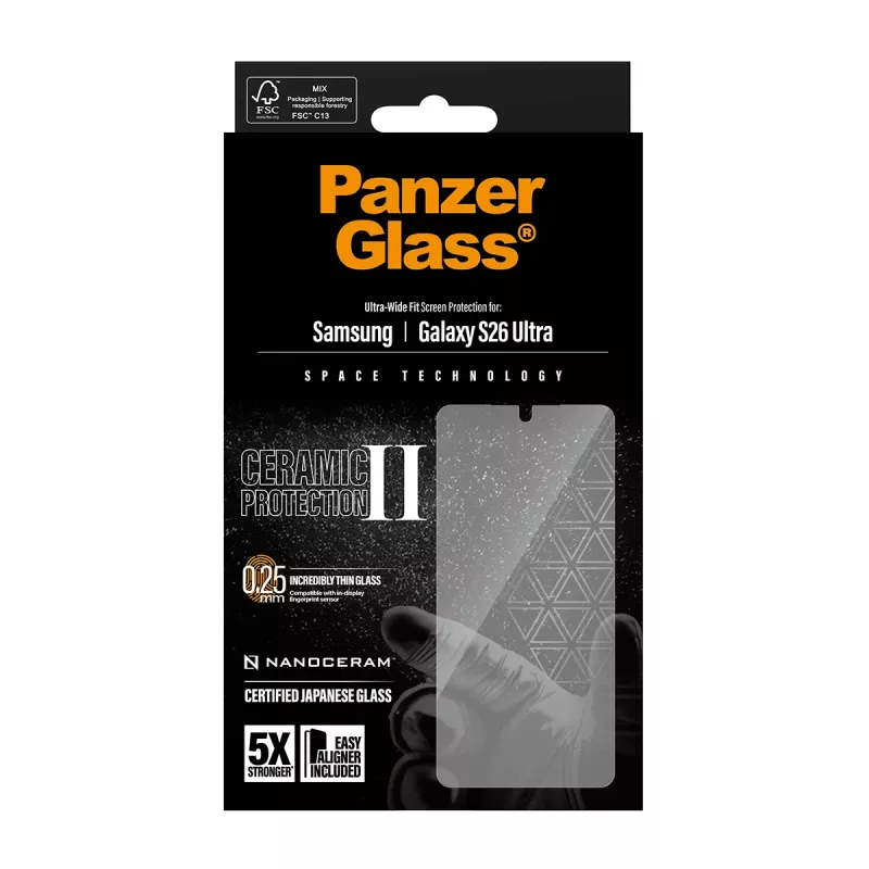 Protector de pantalla PanzerGlass Ceramic para Samsung Galaxy S26 Ultra — vidrio templado, Ultra-Wide Fit, EasyAligner, transparente