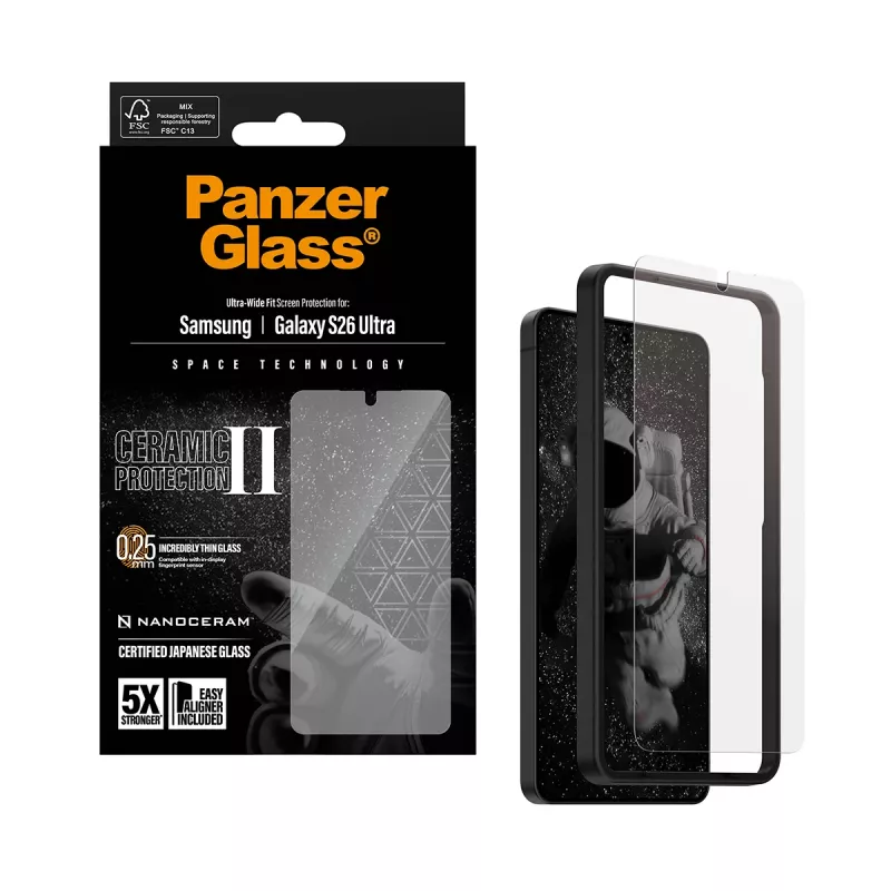 Protector de pantalla PanzerGlass Ceramic para Samsung Galaxy S26 Ultra — vidrio templado, Ultra-Wide Fit, EasyAligner, transparente